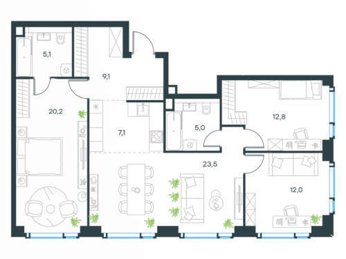 Многокомнатная, 94.8 м²