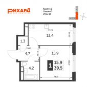 1-комнатная квартира 39,5 м²