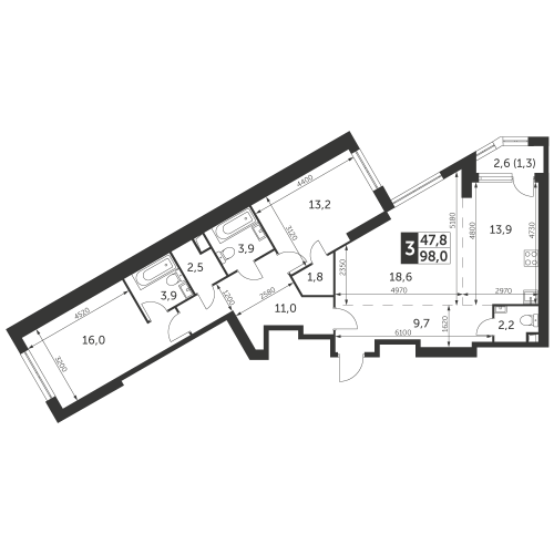3-комнатная, квартира, 98 м²