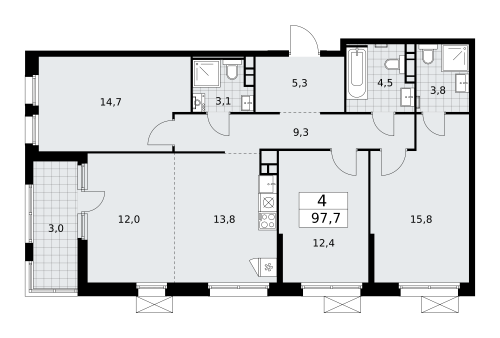 Многокомнатная, 97.7 м²
