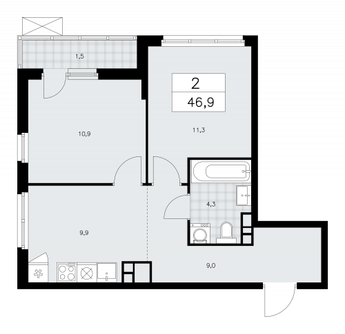2-комнатная, 46.9 м²