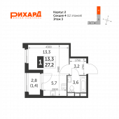 1-комнатная квартира 27,2 м²