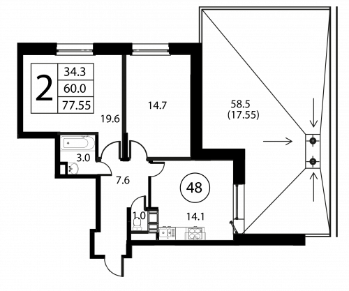 2-комнатная, квартира, 77.55 м²