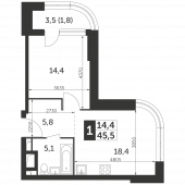 1-комнатная квартира 45,5 м²