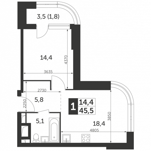 1-комнатная, квартира, 45.5 м²