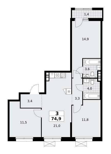 3-комнатная квартира №58К-7.1.1-45, 74,9 м² за 19,21 млн руб. в ЖК «Прокшино» - планировка