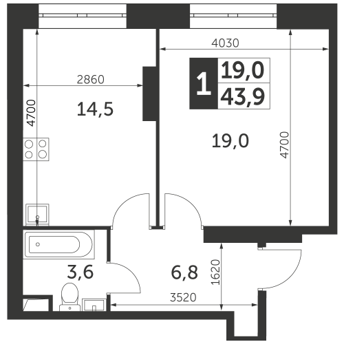 1-комнатная, квартира, 43.9 м²