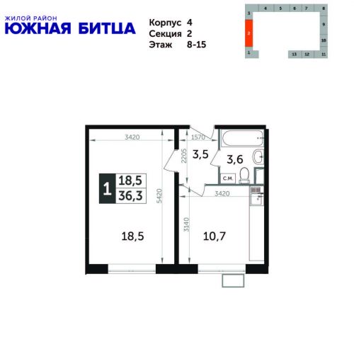 1-комнатная, квартира, 36.3 м²