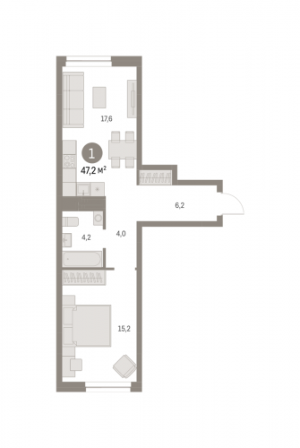 1-комнатная, 47.2 м²