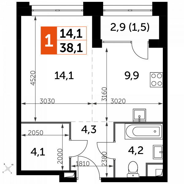 1 комната до 38.1