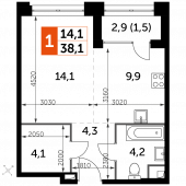 1-комнатная квартира 38,1 м²