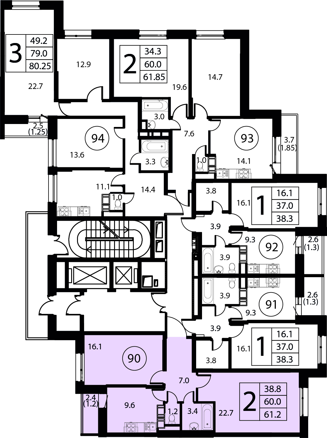 2-комнатная квартира №90, 61,2 м² за 9,82 млн руб. в ЖК «Космос» - планировка