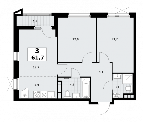 3-комнатная, 61.7 м²