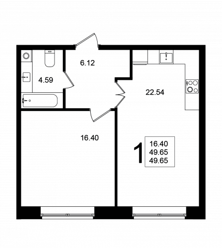 1-комнатная, квартира, 49.65 м²