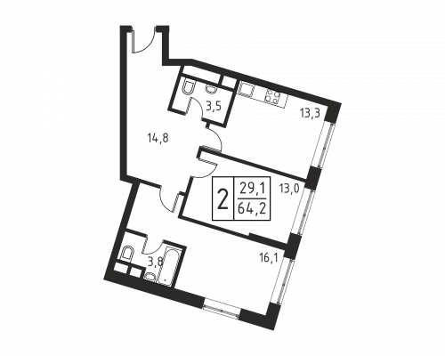 2-комнатная, квартира, 64.5 м²