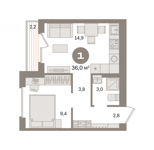 1-комнатная, квартира, 35.96 м²