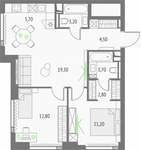 1-комнатная, квартира, 40.3 м²