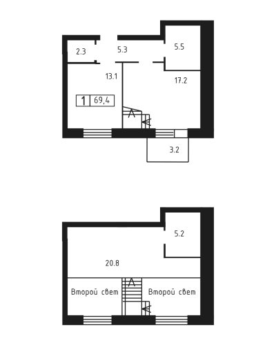 1-комнатная, квартира, 69.4 м²