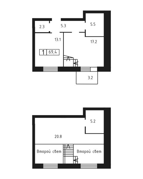 1 комната до 69.4