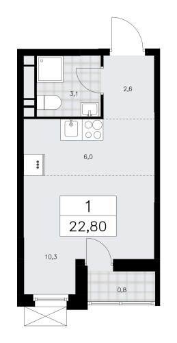 1-комнатная, 22.8 м²