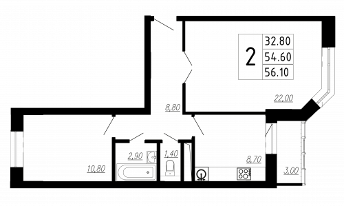 2-комнатная, квартира, 56.1 м²
