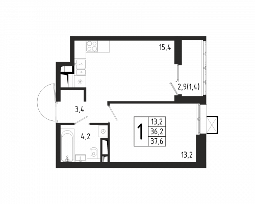 1-комнатная, квартира, 37.6 м²