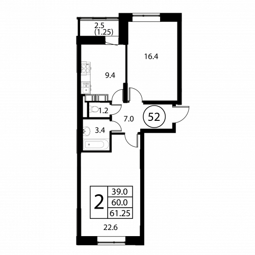 2-комнатная, квартира, 61.25 м²