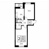 2-комнатная квартира 61,25 м²
