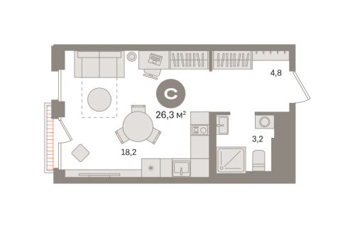 Студия, 26.27 м²