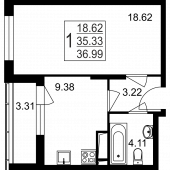 1-комнатная квартира 36,99 м²