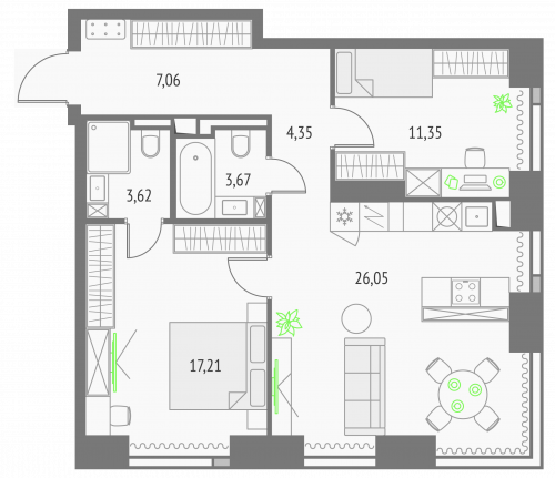 2-комнатная, квартира, 73.31 м²