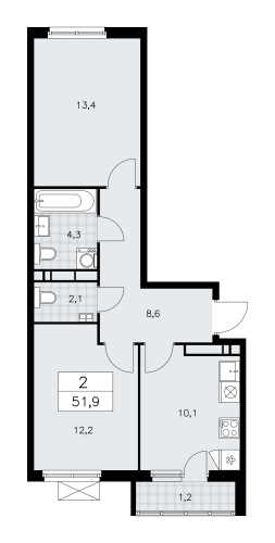 2-комнатная, 51.9 м²