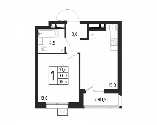1-комнатная, квартира, 38.5 м²