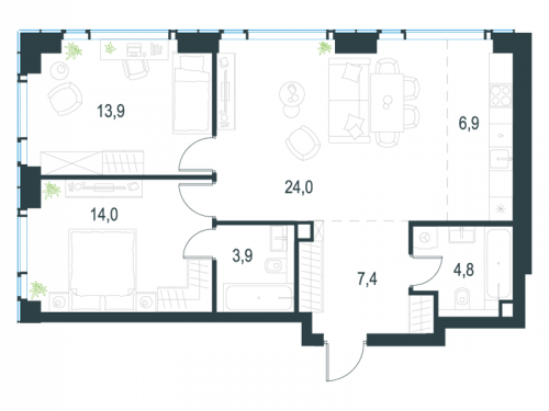 3-комнатная, 74.9 м²