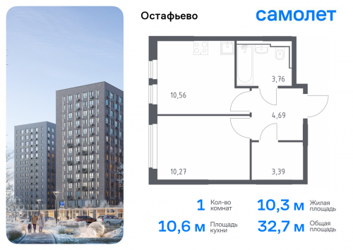 1-комнатная, 32.67 м²