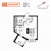 1-комнатная квартира 32,5 м²