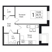 1-комнатная квартира 38,75 м²