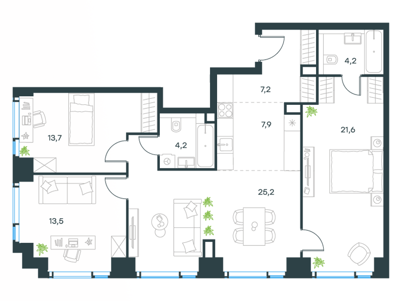 4-комнатные апартаменты №428, 97,5 м² за 43,33 млн руб. в ЖК «Level Мичуринский» - планировка