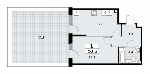 1-комнатная, 53.2 м²