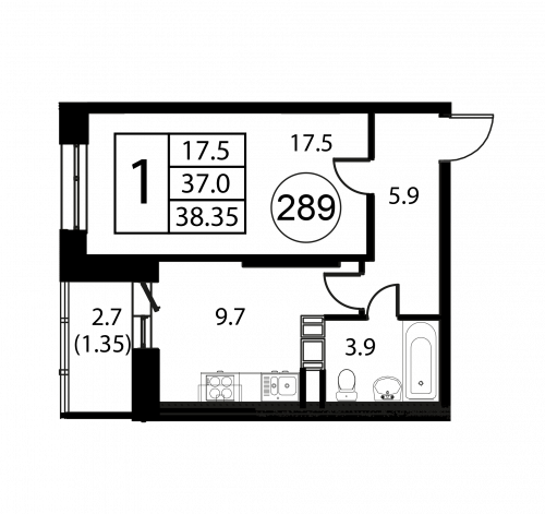 1-комнатная, квартира, 38.35 м²
