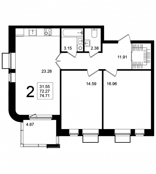 2 комнаты до 74.71