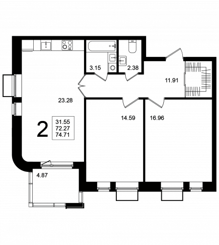 2-комнатная, квартира, 74.71 м²