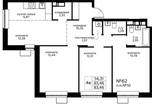 Многокомнатная, 83.46 м²