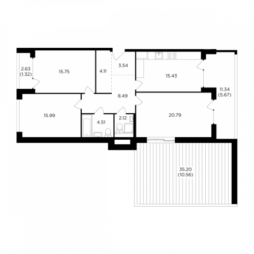 3-комнатная, 108.28 м²