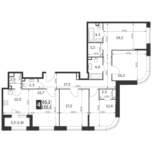Многокомнатная, квартира, 132.1 м²