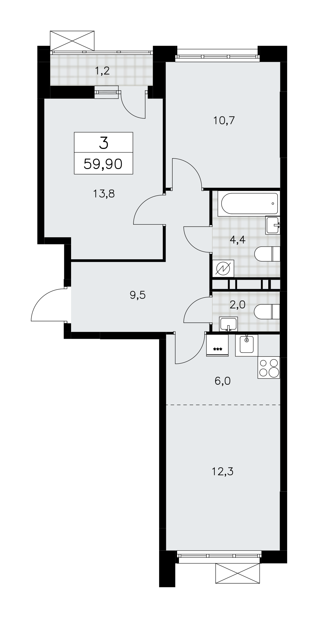 3-комнатная квартира №24К-28.1-276, 59,9 м² за 16,62 млн руб. в ЖК «Скандинавия» - планировка