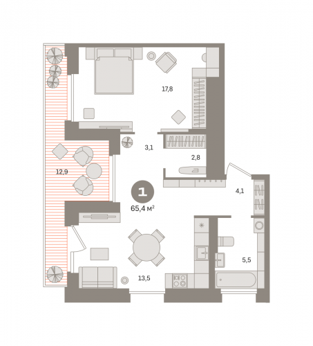 1-комнатная, квартира, 65.42 м²