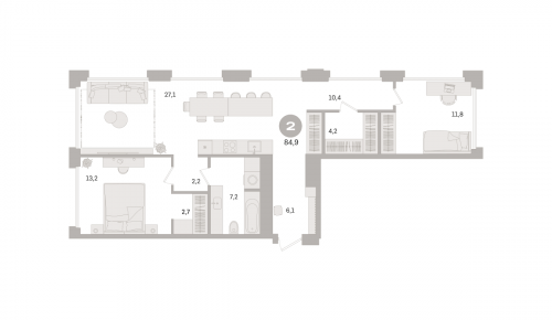 2-комнатная, квартира, 84.9 м²