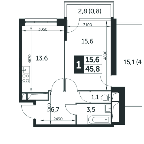 1-комнатная, квартира, 45.7 м²