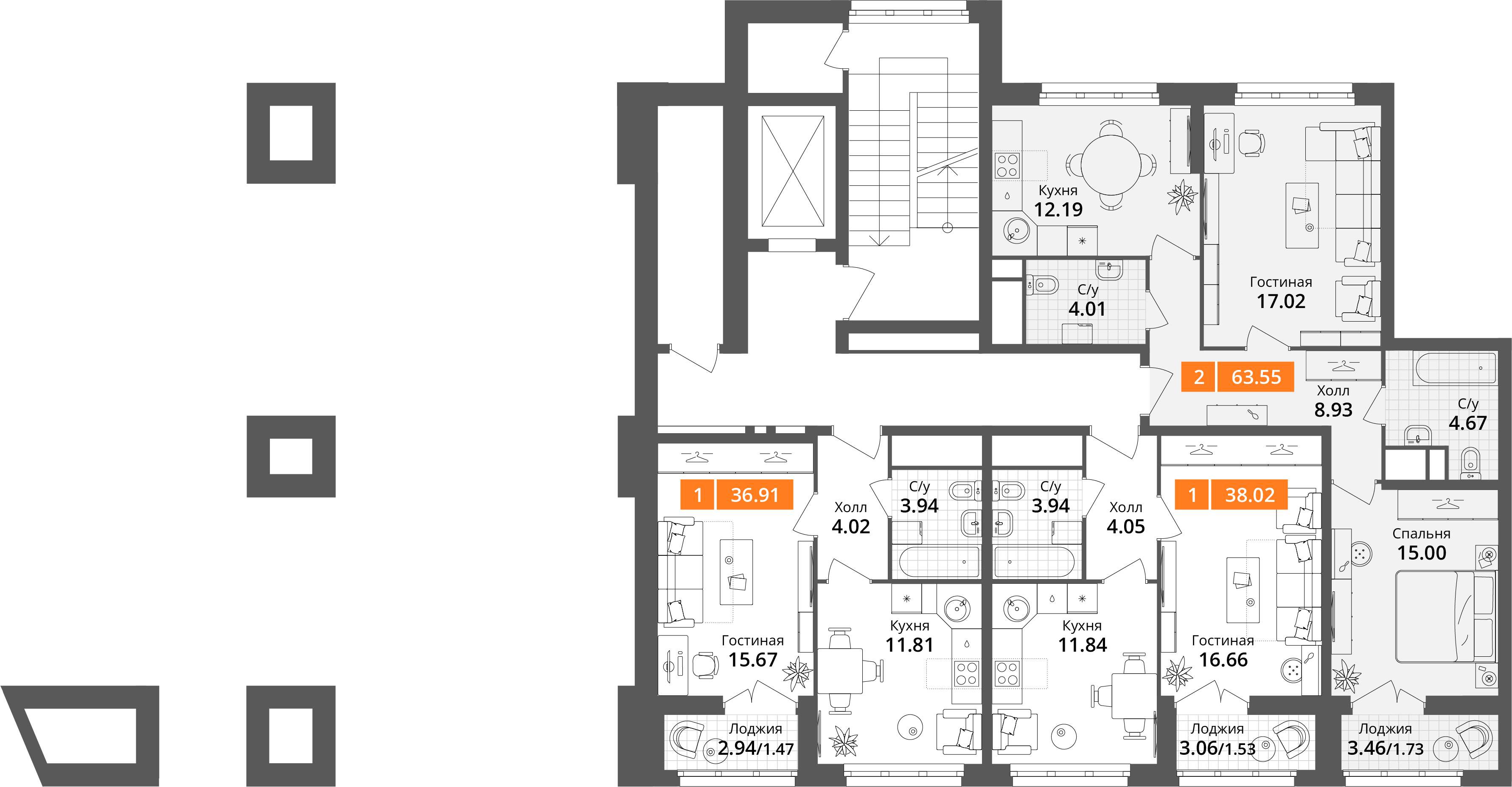2-комнатная квартира №4, 63,6 м² за 16,27 млн руб. в ЖК «Планерный квартал» - планировка